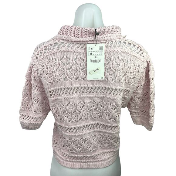 NEW Zara Pink Crochet Collared Tie Keyhole Open Knit Short Sleeve Sweater Top M - Picture 5 of 7
